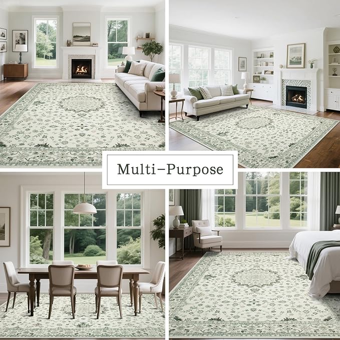 Srugn Washable Rugs 8x10 Area Rugs for Living Room,Rugs for Bedroom,Large Carpets,Ultra Soft Faux Wool Retro Dining Room Rug,Non Slip&Non-Shedding Low Pile Vintage Print Rug for Home Office-Green