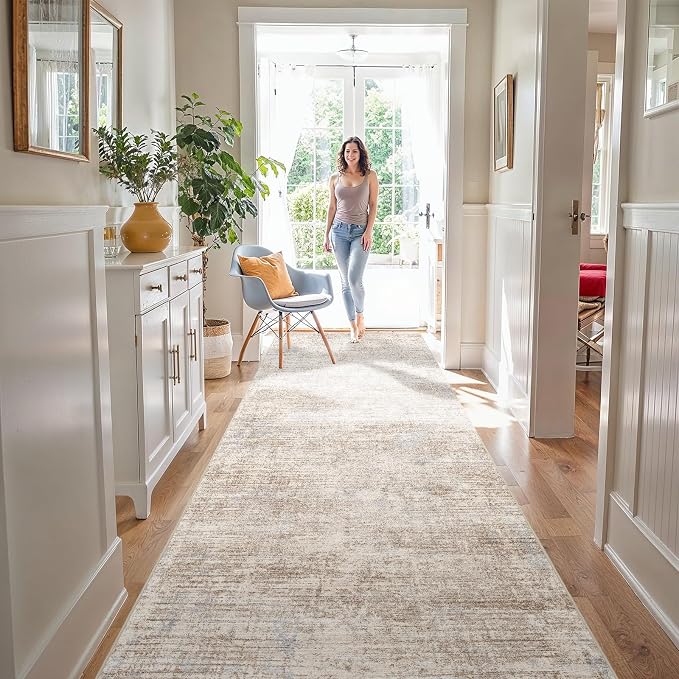 4x10 Hallway Washable Runner Rug - Non-Slip Kitchen Rugs with Rubber Backing Abstract Low-Pile Carpet Runners for Laundry Room Home Decor Bedroom Bathroom Entryway (Ivory Beige Distressed,4x10)