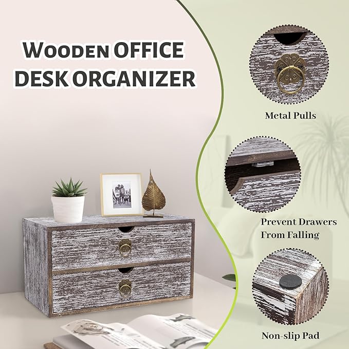 Wood Desk Organizer, Washed Brown Wooden Desktop Organizer with Drawer, Tabletop Storage Organization Box for Countertop, Home Office Supplies, Bills (2 Drawer)