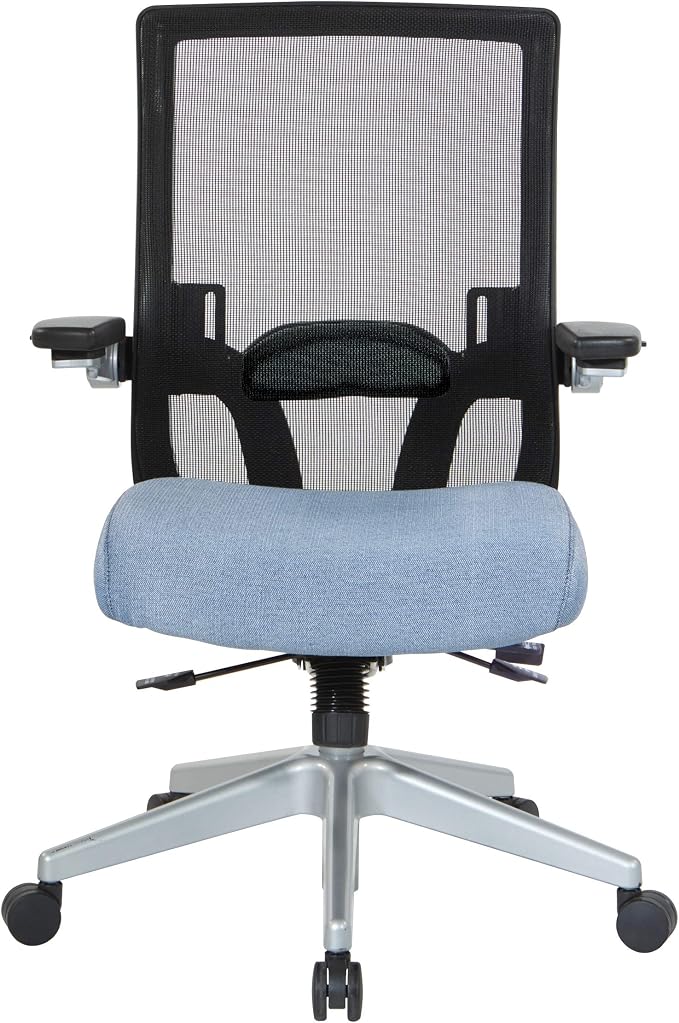 Space Seating 867 Series Adjustable Manager's Chair with Breathable Mesh Back, Lumbar Support and Padded Flip Arms, Blue Fabric Seat with Silver Nylon Base