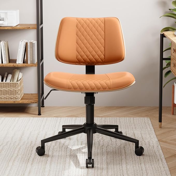 Modern Armless Office Chair with Wheels, Adjustable Swivel Desk Chair with Wide Seat and Tilt Function, Faux Leather Mid Century Task Chair for Home Office, Bedroom, Vanity, Brown