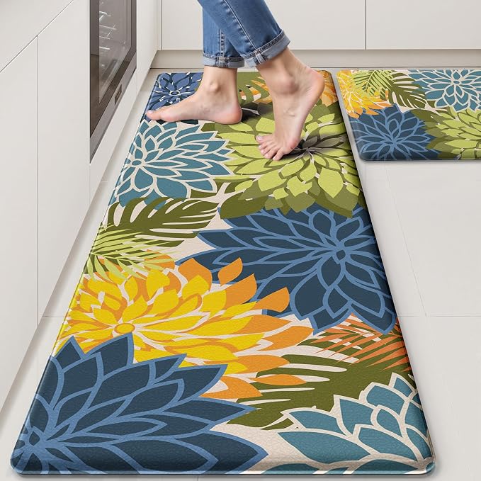 Arenarug Kitchen Mats for Floor 2PCS Cushioned Anti Fatigue Kitchen Mats Waterproof Non Slip Kitchen Mat Rug Set Comfort Foam Standing Mat for Sink, Laundry, Office, Yellow Green