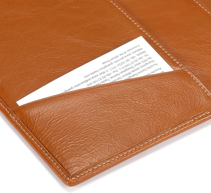 HISCOW Slim Leather Junior Padfolio, 5x8 Notepad Cover, Antiqued Brown | Full-grain buffalo leather, top-loading legal pad holder, rigid pen loop, quick-access card slot, zipperless boardroom design