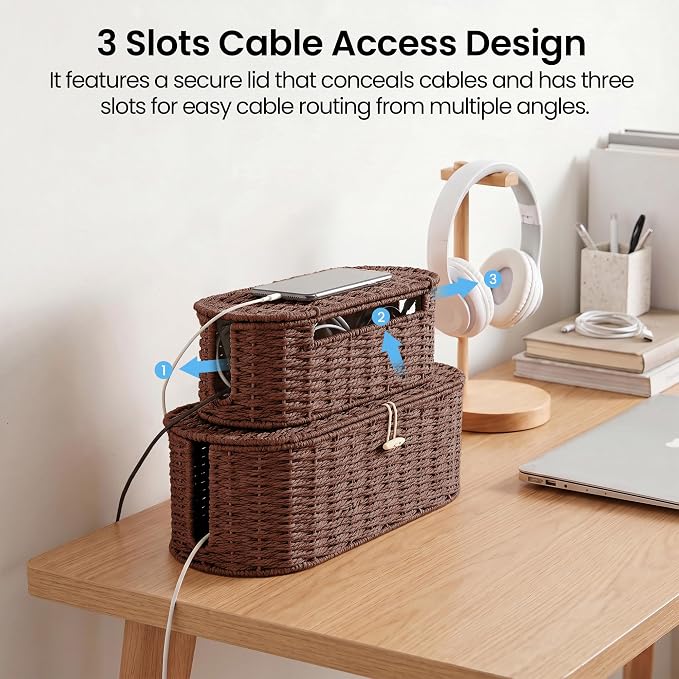 Set of 2 Cable Management Box, Handwoven Cord Hider Box with 3 Open Slots | Cable Organizer Box with Lockable Lid, Cord Storage Box to Hide Power Strip, Router, USB Hub, TV Wires for Home, Office