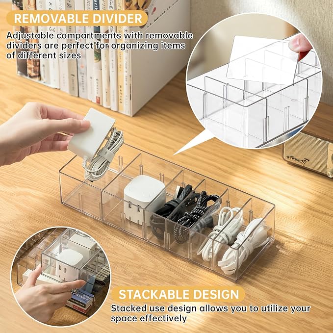 FRETONBA 2 Pack Cable Storage Organizer Box with 8 Compartments, Small | Stackable Design, Adjustable Divider, Clear for Quick Access, 14 Reusable Wire Ties, Fits Drawer & Desk