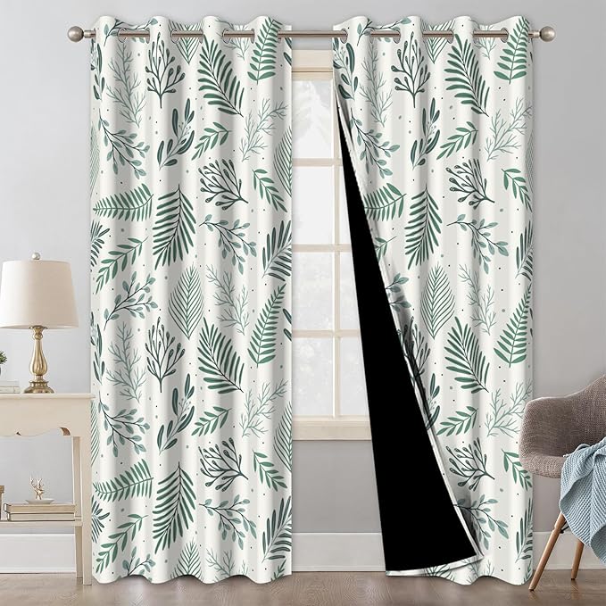 Blackout Curtains for Bedroom and Living Room, Green Leaves Grommet Thermal Insulated Bedroom Curtains Room Darkening Drapes 84 Inch Length 2 Panels Set, Reduce Outside Noise, Maintain Privacy