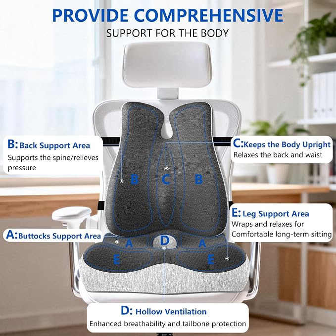 Lumbar Support Pillow for Office Chair,Seat Cushion with Back Support,Office Chair Cushion for Tailbone Pain,Sciatica and Hemorrhoid Relief (Grey)