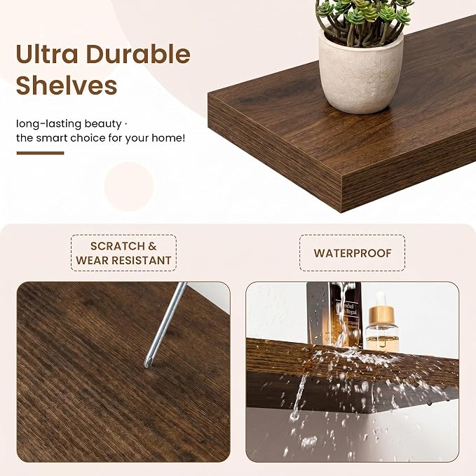 Marsmiles 55in Floating Shelves for Wall, 55" W x 9.25" D x 1.5" H, Long Wall Mounted Engineered Wood Shelves with Invisible Brackets for Living Room, Bedroom, Bathroom, Kitchen, Walnut, 2Pcs