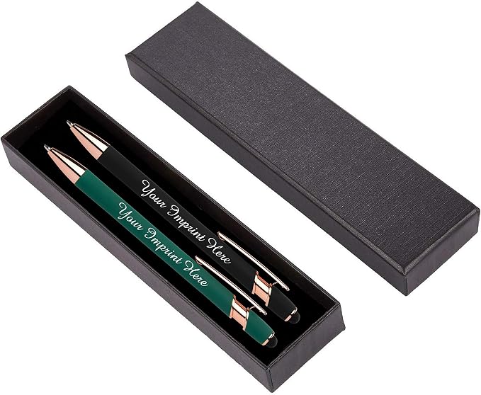 ExpressDesigns™ - Personalized Pens Gift Set - 2 Pack of Rose Gold Soft Touch Metal Pens w/gift box - Luxury Ballpoint Pen Custom Engraved with Name | Perfect for Him or Her (Green - Black)