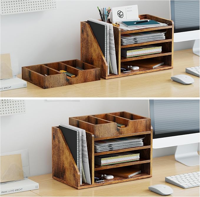 Wood Desk File Organizer with Side File Rack, Space-Efficient Design Easy to Assemble for Efficient Office Setup, Reduces Desk Clutter (Brown)