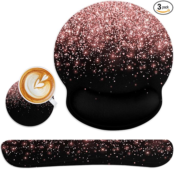 Britimes Rose Gold Pink Black Golden Ergonomic Mouse Pad Set with Wrist Rest Non-Slip Rubber Base Wrist Cushion Support and Coasters Mousepad with Wrist Support for Computer Keyboard and Desk