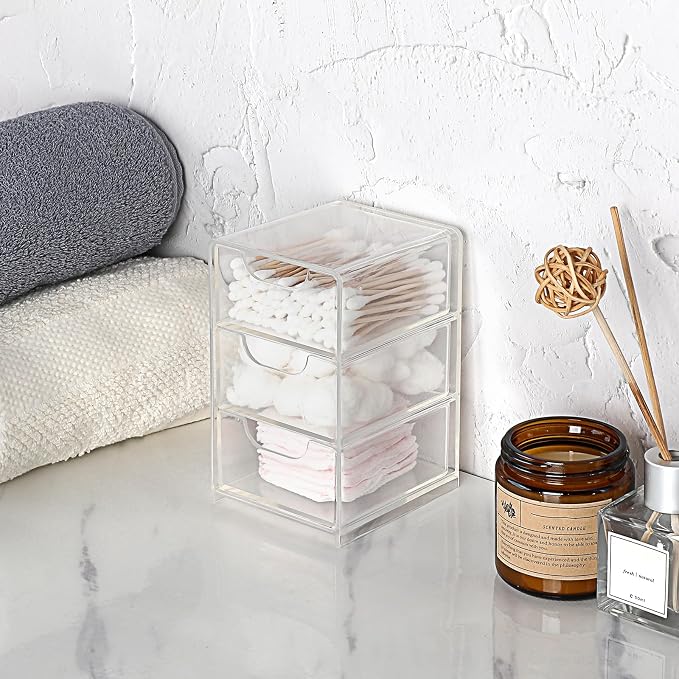 BTSKY 1 Pack Small Acrylic Storage Organizer with Drawers, 3-Layer | Clear Desktop Organizer for Office Supplies Mini Storage Box with Drawers for Desk, Desktop Makeup Drawer Jewelry Storage Box