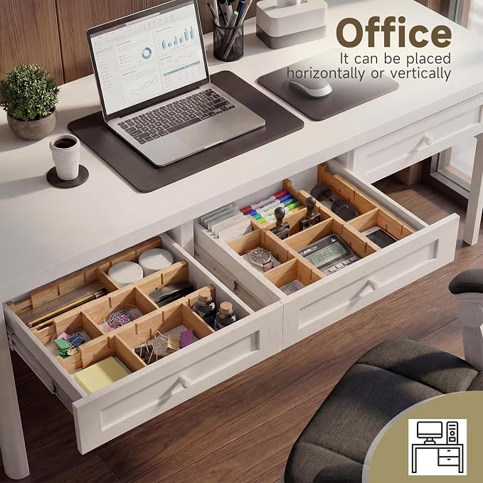 Bamboo Drawer Dividers, Expandable Kitchen Drawer Organizer | Include 8 Dividers, 8 Small Inserts and 8 Medium Inserts for Home, Office, Dressers