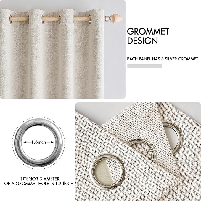 MIULEE Linen Curtains for Bedroom 100% Blackout Thermal Insulated Birch Grommet Room Darkening Curtains & Drapes for Living Room 52 x 45 Inch (2 Panels)