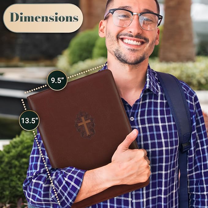 Christian Art Gifts John 3:16 Cross Two-Tone Zippered Brown Faux Leather Padfolio/Portfolio Folder Notepad with Single Pen with Highlighter Tip for Notes