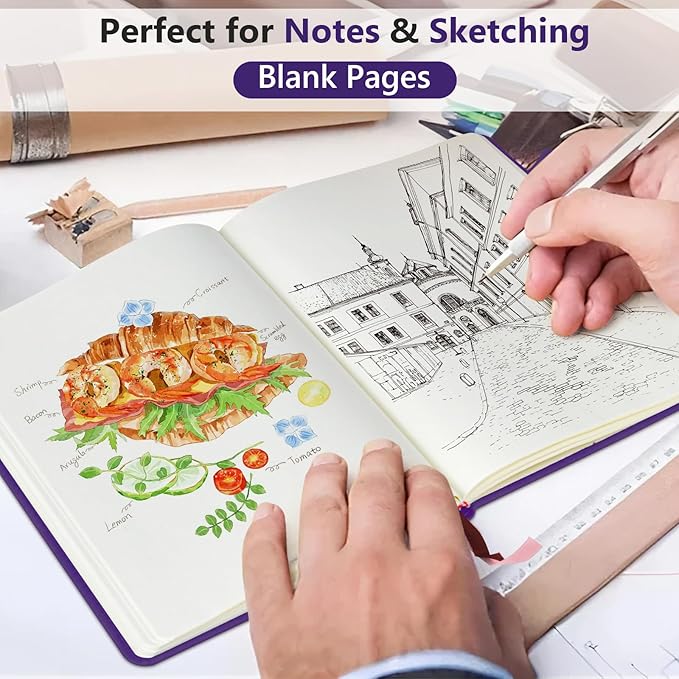 PERCUN Blank Journal Ntebook for Men & Women, 160 Pages Leather Journals for Writing, Drawing Sketch Book,5.9" x 8.5" Hardcover Sketchbook, Unlined Notebooks for Work, School, Art (Purple)