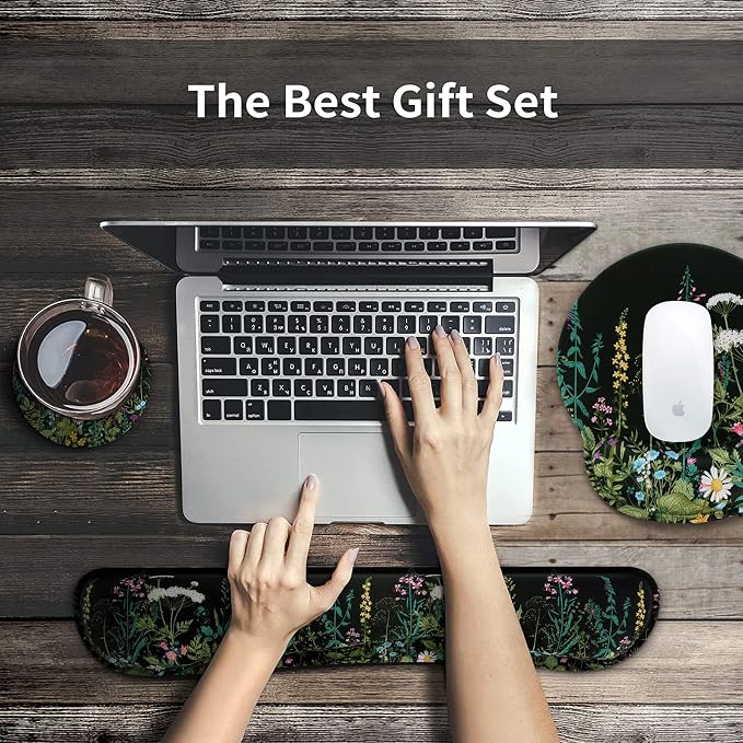 iCasso Large Mouse Pad, Mouse Pad Wrist Support Set,4in1 XXL Large Mousepad + Keyboard Wrist Rest+Mouse Wrist Rest+Coaster Set with Ergonomic Design for Home Office Table Computer-Weeds