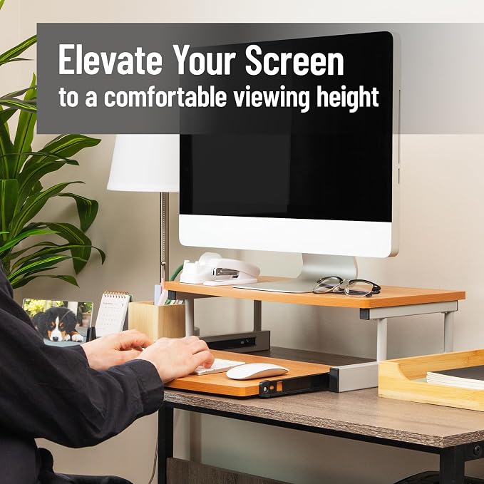 Mind Reader Monitor Stand, Sliding Keyboard Drawer, Laptop, Riser, Office, Wood/Metal, 20"L x 14.75"W x 5.9"H, Brown, Silver