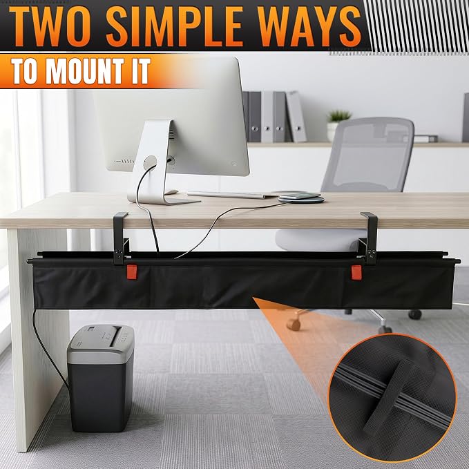 Under Desk Cable Management Tray 48" — No Drill Clamp-On Cord Organizer for Desk with Built-in Ties, Heavy Duty Metal Clamp, Foldable 600D Oxford Fabric for Home Office, WFH & Gaming PC Setup (Black)