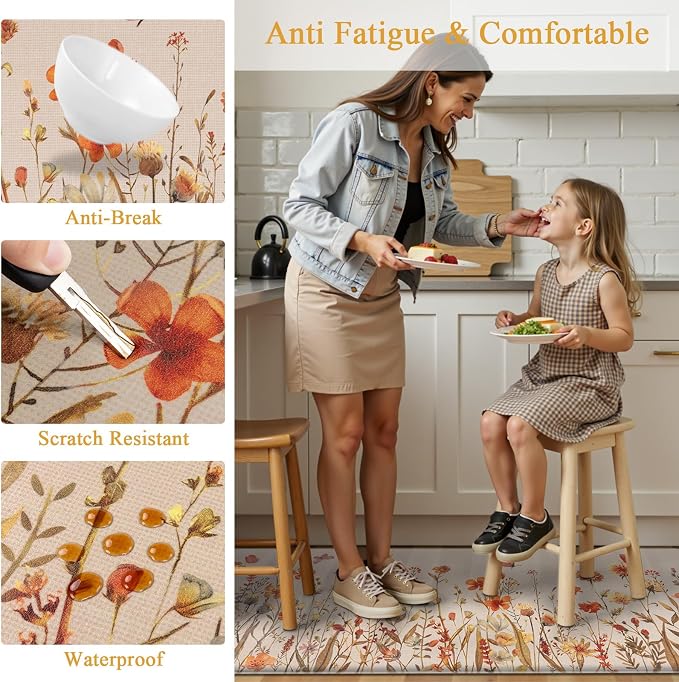 SHACOS Anti Fatigue Fall Kitchen Rugs Set of 2 Beige Orange Wild Flowers | Waterproof Non Slip Cushioned Kitchen Floor Mats Harvest Autumn Farmhouse Comfort Standing Mat 17x27.5+17x47"