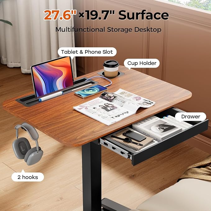28" Mobile Standing Desk with Drawer, Portable Laptop Desk | Rolling Desk with Cup Holder and Hooks, Height Adjustable Computer Cart with Storage, Lockable & Hidden Wheels, Dark Wood
