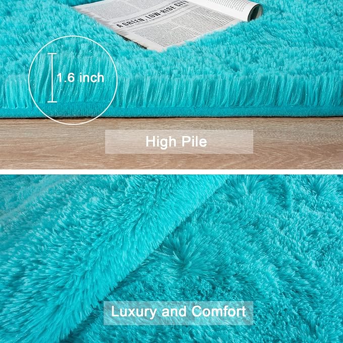 HOMORE Luxury Fluffy Area Rug Modern Shag Rugs for Bedroom Living Room, Super Soft and Comfy Carpet, Cute Carpets for Kids Nursery Girls Home, 4x6 Feet Turquoise Blue
