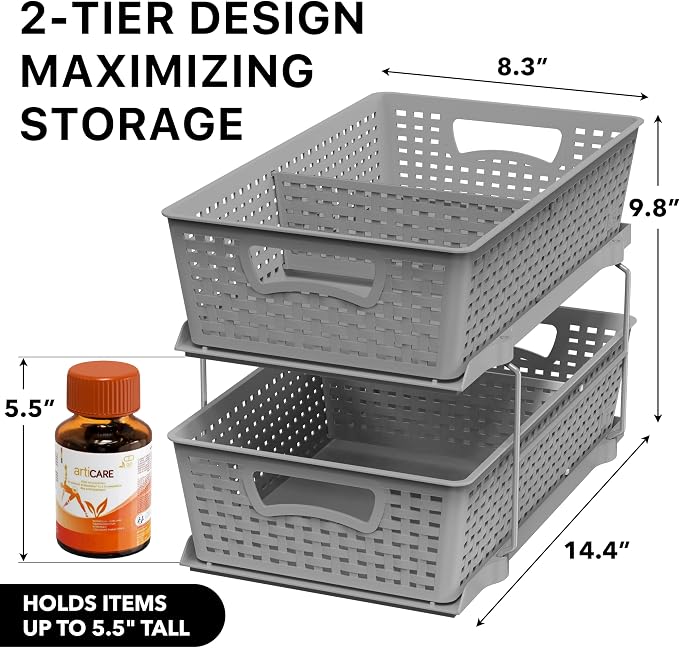 Simple Houseware 2 Tier Pull-Out Sliding Drawer Under Sink Storage, Gray | Great for Kitchen Bathroom Tray Shelf Organizer