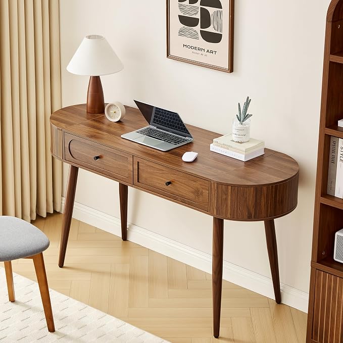 AVZEAR 59" Oval Fluted Home Office Computer Desk Wood Writing Desk, Wlanut | Mid Century Modern Writing Desk with 2 Drawers + 2 Flip Storage, Farmhouse Vanity Table Executive Deskfor Study, Living Room