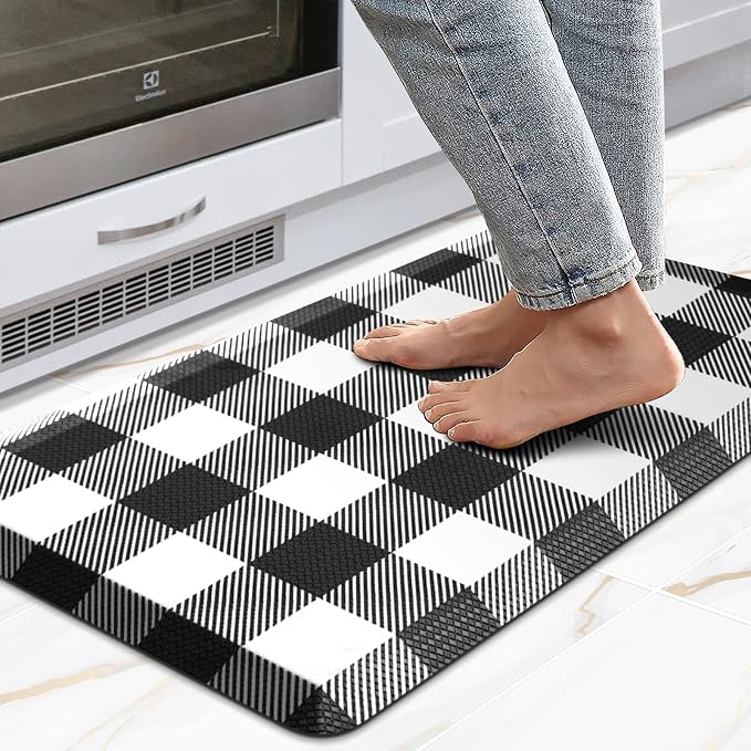 MAYHMYO Kitchen Mats Cushioned Anti Fatigue 0.47" Thick Black and White Buffalo Plaid Kitchen Rug Floor Mat Non Slip Waterproof Farmhouse Comfort Standing Mat for Home Office Sink