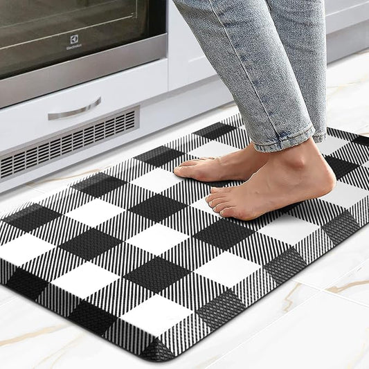 MAYHMYO Kitchen Mats Cushioned Anti Fatigue 0.47" Thick Black and White Buffalo Plaid Kitchen Rug Floor Mat Non Slip Waterproof Farmhouse Comfort Standing Mat for Home Office Sink