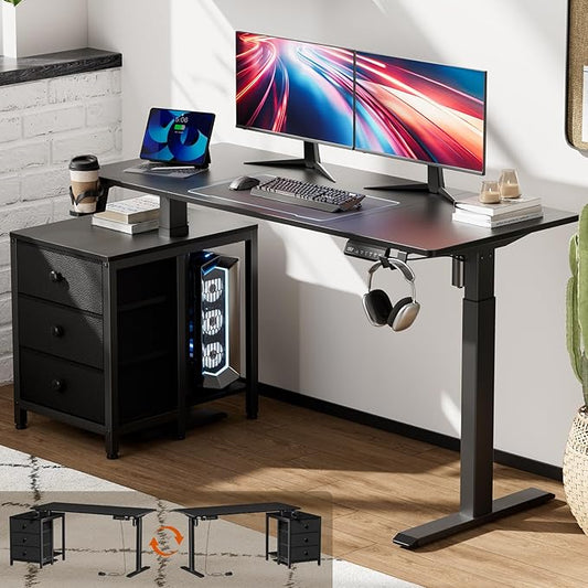 REAHOME 55 Inch Black Electric Height Adjustable Standing Desk with Drawers | Dual Motor Sit-Stand Frame With 3 Memory Presets, Printer Cabinet, Hooks & Cable Management For Home Office Gaming Desk