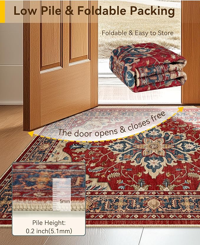 RELEANY Area Rugs Square 8ft Washable Non-Slip, Floral Vintage Distress Medallion Carpet for Living Room Bedroom Dining Room, Red Blue