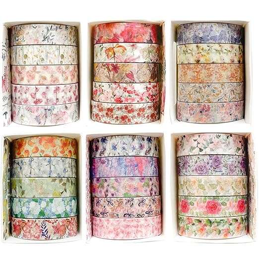 Flowers Washi Tape Set 30 Rolls Floral Patterns Decorative Skinny Slim Masking Tapes for Arts, DIY Crafts, Journals, Planners, Scrapbook, Wrapping (Blossoms Flourish)