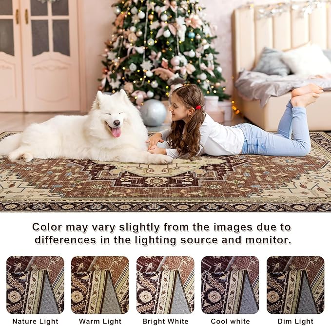 Macgace 5x7 Mousse Brown Area Rug for Living Room, Machine Washable Rugs with Non-Slip Backing for Bedroom, Vintage Medallion Carpet Dining Room Office Kids Room Decor