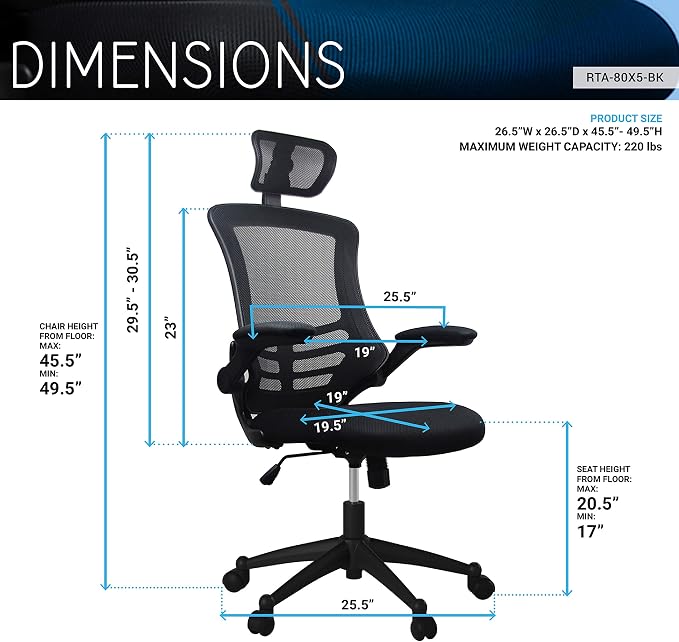 Techni Mobili High-Back Mesh Office Chair with Headrest, Recline, Black | Executive mesh office chair, adjustable headrest, flip-up arms, recline control, height adjustable, swivel chair, ergonomic