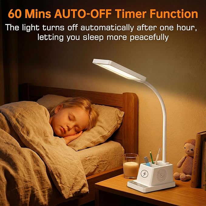 cozoo Desk Lamp, LED Desk Lamps for Home Office with 15W Wireless Charger/Organizer,Desk Lamp for College Dorm Eye-Caring Study Light,Gooseneck Table Lamp with Pen Holders/Storage,12 Lighting Modes