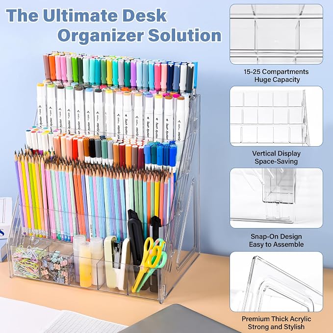 CELSOL Acrylic Desk Organizer – 5 Tier 25 Compartments Vertical Storage for Pens, Markers, Art Supplies & Office Accessories – Clear Desk Storage Solution for Home, Office & School
