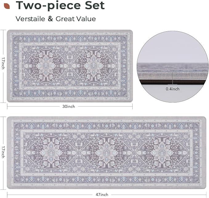 FRESHMINT Medallion Kitchen Mat Set 2 Piece, 17x30''+17x47'', Misty Gray | Anti-Fatigue, Non Slip, Comfort, Kitchen Decor, Easy to Clean, Waterproof, Perfect for Kitchen, Laundry, Office