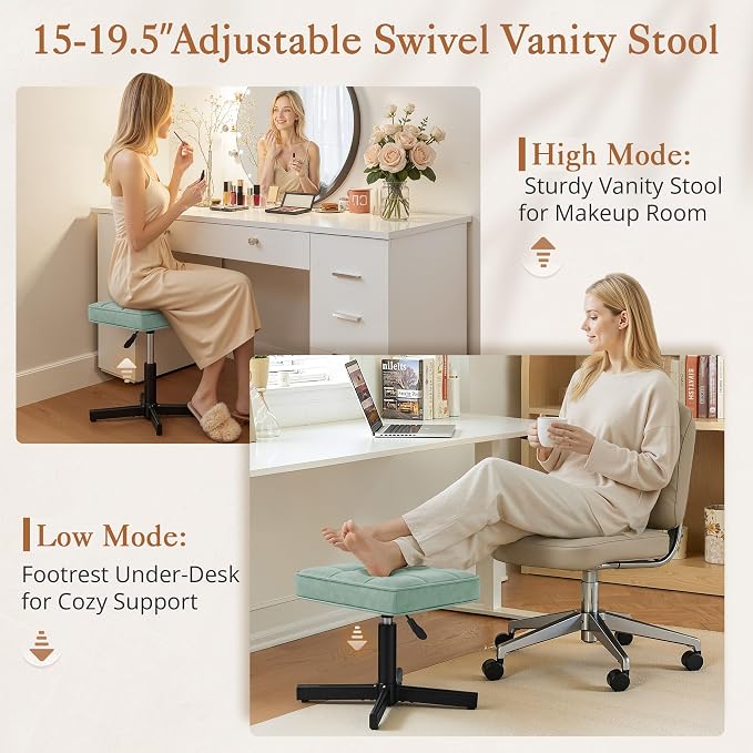 LUE BONA Adjustable Vanity Stool, 15''-19.5'' Foot Rest Under Desk, 360° Swivel Vanity Chair for Makeup Room, Green Upholstered Faux Leather Ottoman for Bathroom & Living Room, 300lbs