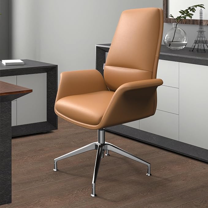 LeisureMod Mid-Century Modern Swivel Office Chair, Adjustable Height with Faux Leather Seat and Aluminum Frame (Acorn Brown, Set of 2)