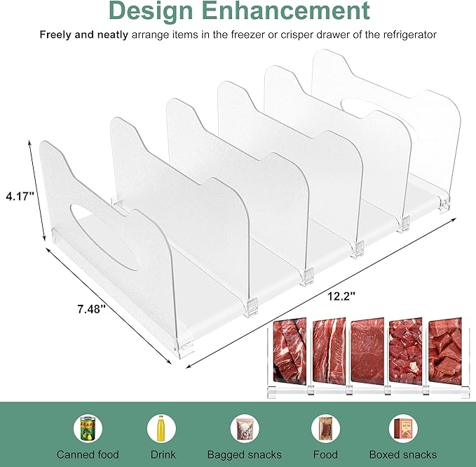 Freezer Organizer,12" Visible Fridge Organizer Rack with Removable Dividers | Freely Adjustable,Easy to Pull Out and Carry Handle, Fits Refrigerator Frozen Meals, Lunch Meat Box, Cheeses, White