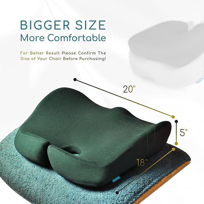 SitCushion Orthopedic Coccyx Cushion for Tailbone Pain Relief, Sciatica and Back Pain – X Large Memory Foam Seat Cushion for Office Chairs, Car – Ergonomic Pillow with Removable Spare Cover (Green)