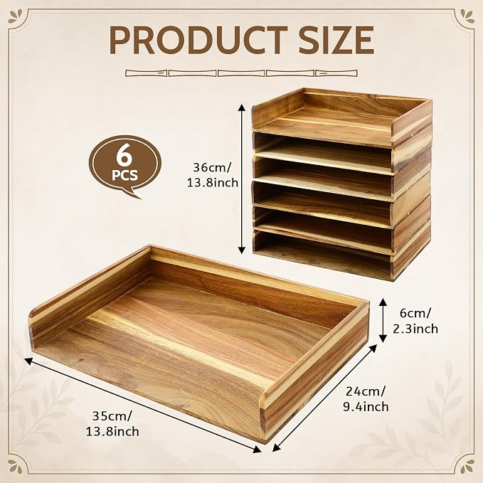Novabright 6 Pcs Stackable Paper Organizer Tray Acacia Wood Desk Organizer Letter Tray Desktop Letter Size Office Wooden Desk Shelf Paper Holder Folder Organization Rack for File Document (Acacia)