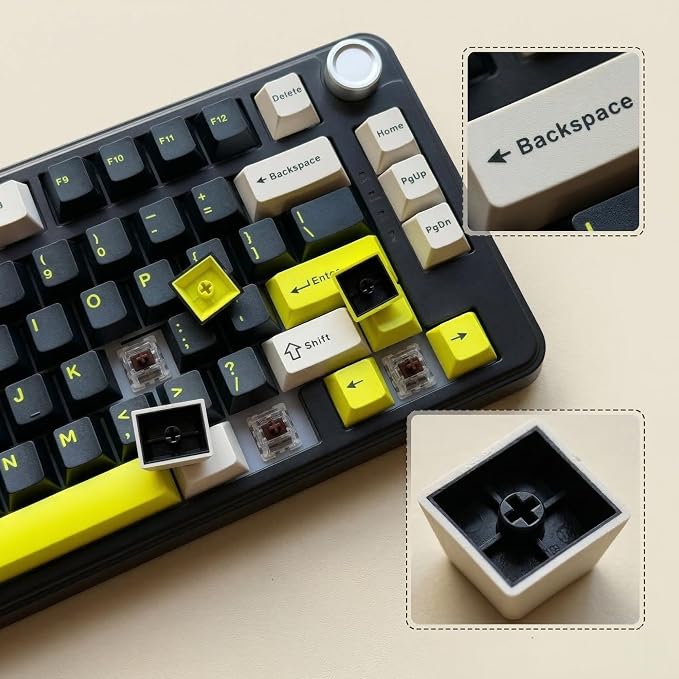 130 Keys Black Grey Yellow PBT Keycaps, Double Shot Cherry Profile Keycap Set, Custom Mechanical Keyboard Keycaps for 60% 65% 75% 87% 100% ANSI Layout，Cherry Mx Switches