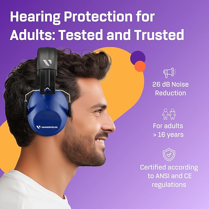 Vanderfields - Hearing Protection Ear Muffs - Over 33 dB (2K Hz) Broad Noise Cancelling Sound Reduction - Adults & Teens