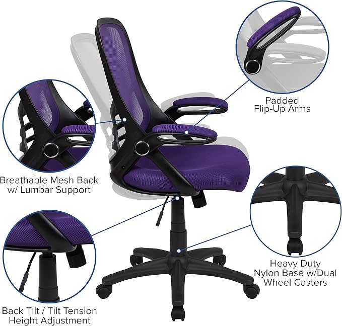 Flash Furniture Porter High-Back Swivel Office Chair with Adjustable Lumbar Support and Seat Height, Ergonomic Mesh Desk Chair with Flip-Up Armrests, Purple/Black