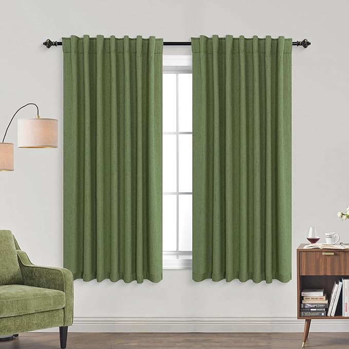 KOUFALL Bathroom Window Curtains, Boho Vintage Retro Decor Short Linen Blackout Curtains for Bedroom Kitchen, Moss Olive Green