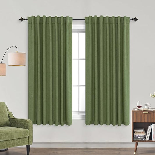 KOUFALL Bathroom Window Curtains, Boho Vintage Retro Decor Short Linen Blackout Curtains for Bedroom Kitchen, Moss Olive Green