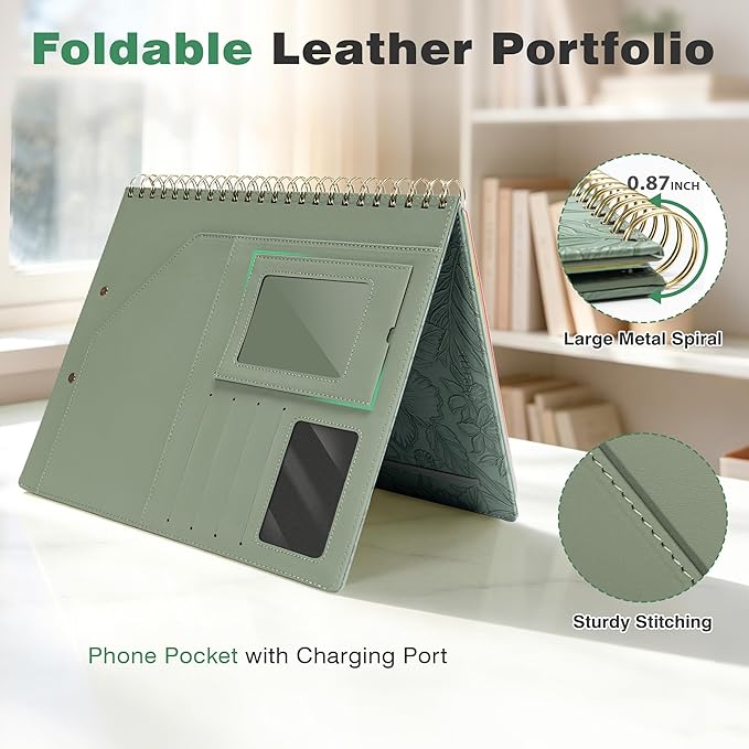 Clipboard with Storage for Men Women, Leather Padfolio Portfolio Organizer 5 Folders with 10 Pockets, Spiral Clipboard Folio with Notepad for Letter Size, Elastic Closure and Pen Loop Green Floral
