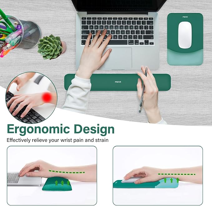 MOSISO Wrist Rest Support for Mouse Pad&Keyboard Set, Rectangular Ergonomic Mousepad Non-Slip Base Home/Office Pain Relief&Easy Typing Pad with Neoprene Cloth&Raised Silicone Lining, Peacock Green